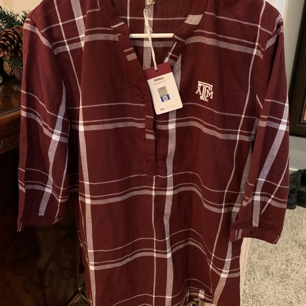 UG Apparel Maroon & White plaid A&M blouse.